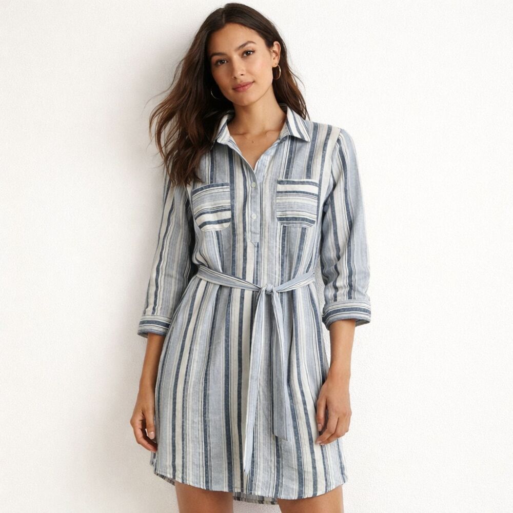 Chicos Linen Blend Popover Shirt Dress Womens Sz 0 Small Indigo White Striped